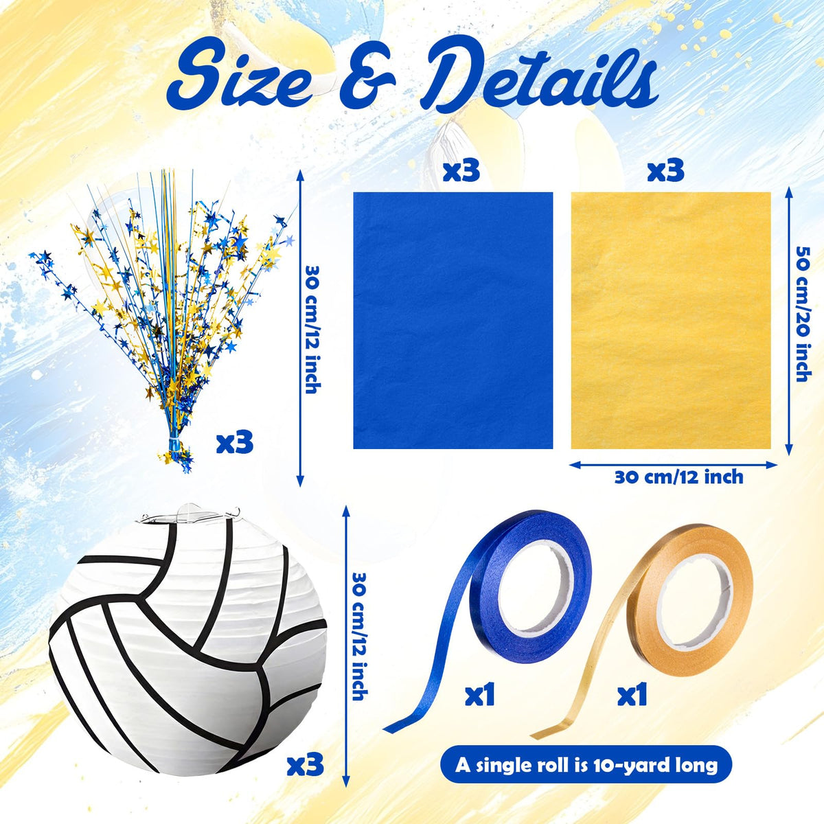 Glooglitter Volleyball Paper Lantern Centerpiece Set Volleyball Table Decor with Metallic Foil Star Spray Branches Wrapping Paper and Ribbon for Sport Birthday Party Supplies(Blue and Gold,14 Pcs)
