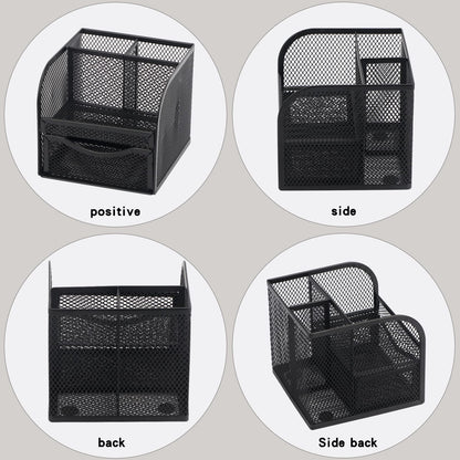 BiSiViO Mesh Desk Organizer, Metal Pencil Holder, Pen Holder for Desk with Drawer, Desktop Accessories, Multi-functional Caddy Pen Organizers with 3 Compartments for Office Art Supplies - Black