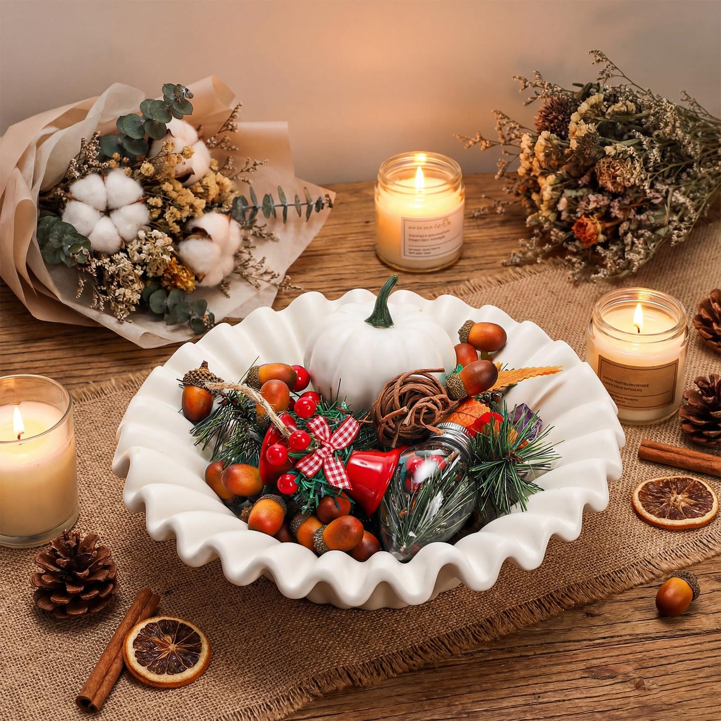 Prygew Large Decorative Bowl, 10 Inch White Ceramic Fruit Bowl for Kitchen Counter, Modern Scalloped Ruffle Key Bowl Decor for Jewelry, Entryway, Dining, Coffee Table