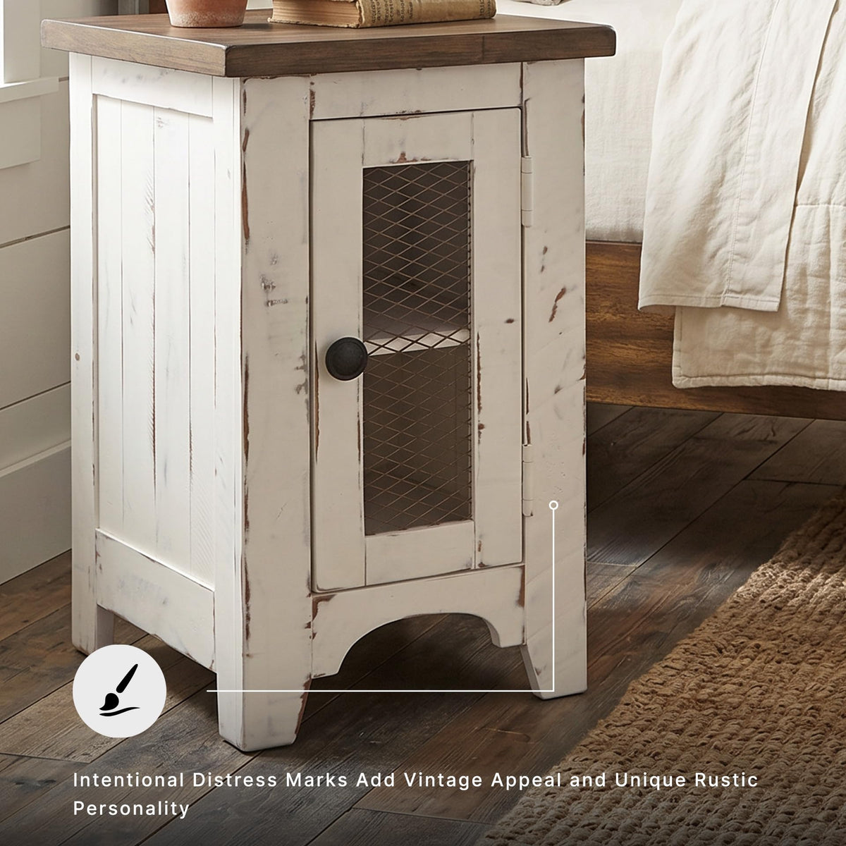 Signature Design by Ashley Wystfield Farmhouse Chair Side End Table with Cabinet Door for Storage, White & Brown with Distressed Finish