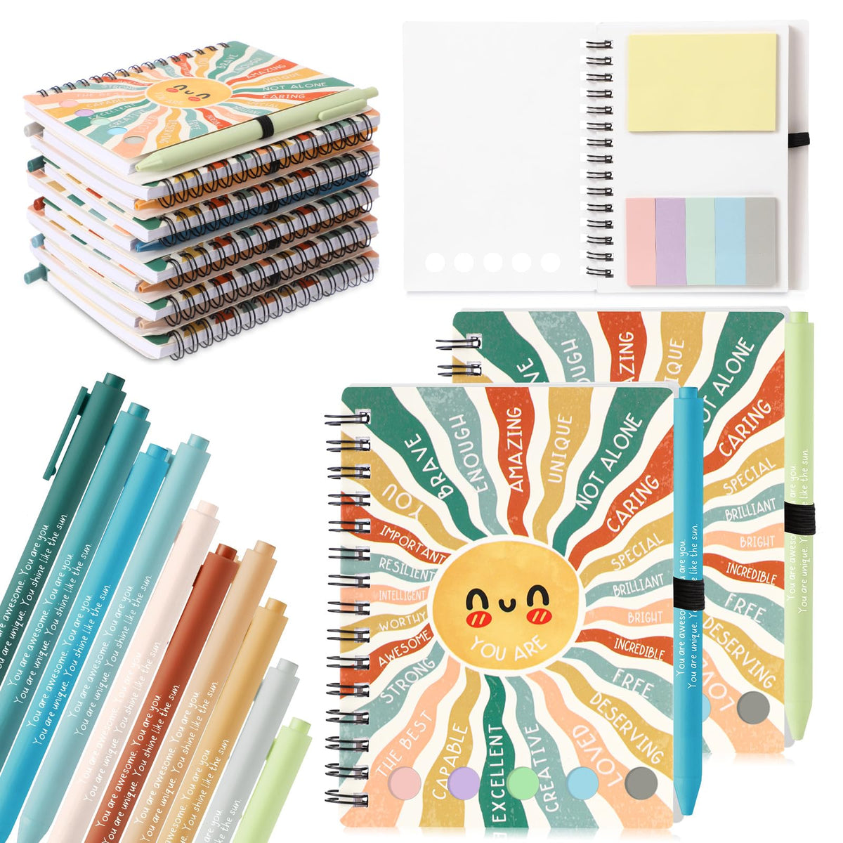 Janlaugh 40 Pcs Mental Health Gifts for Women Men Self Care Items Bulk Include 20 Mental Health Notebook with Sticky Note 20 Positive Pens Affirmation Journals Wellness Gifts for Coworkers Teachers