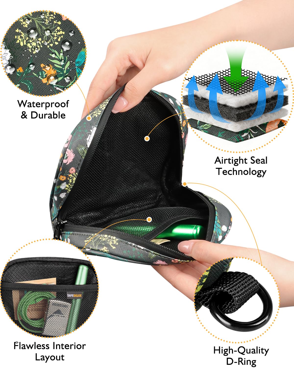 SafeDelux Smell Proof Bag, 6.7"x4.7" Smell Proof Container with Activated Carbon Fiber Liner, Odorless Airtight Travel Organizer & Stylish Gifts for Women (Green-2)