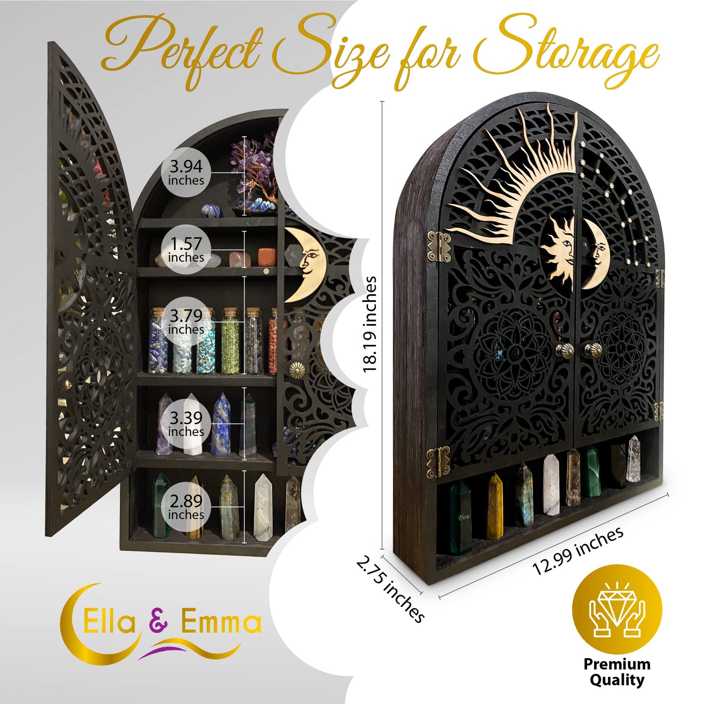 Ella & Emma Sun & Moon Wall Shelf – 5-Tier Hardwood Crystal Display Cabinet for Stones, Essential Oils, Nail Polish – Witchy/Boho Moon Phase Home Decor
