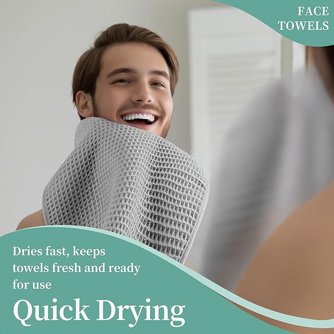 Microfiber Waffle Face Towels, 4 Pieces, Fast Drying, Lint Free 430 GSM