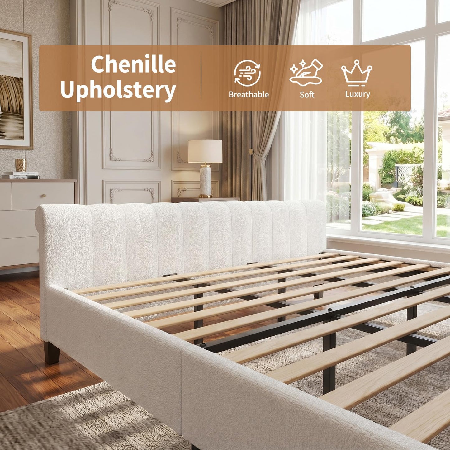 koorlian King Size Bed Frame with Headboard,Chenille Upholstered Platform Bed with Button-Tufted Wingback Headboard & Sleigh Footboard, No Box Spring Needed