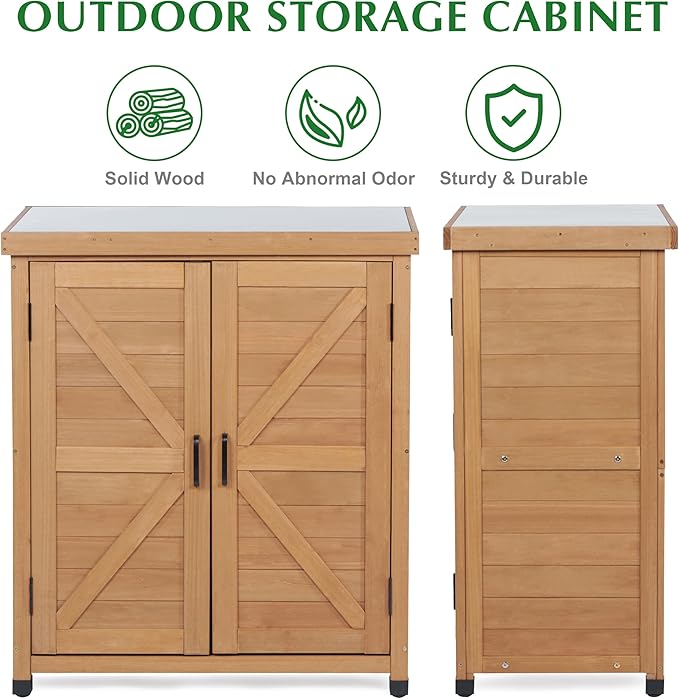 Outdoor Storage Cabinet & Potting Bench Table with Metal Top, Wooden Patio Furniture, Garden Workstation (Light Brwon, 36x31x17in)