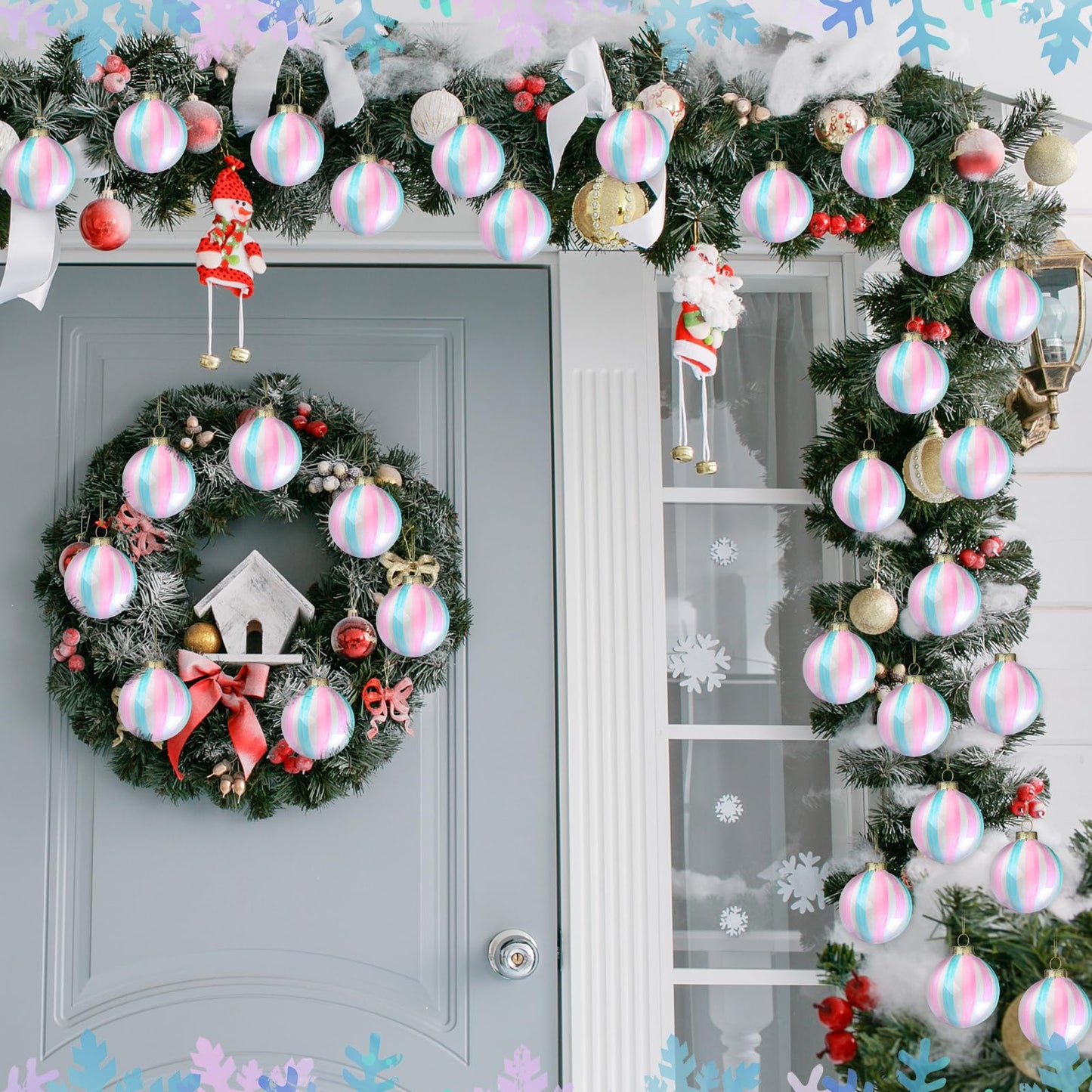 Jenaai 10 Pcs Easter Pastel Ball Ornaments 2.36 Inch Iridescent Glass Hanging Ball Decor Easter Pink Blue Striped Pendant for Christmas Tree Fireplace Window Weddings Birthday Holiday Party