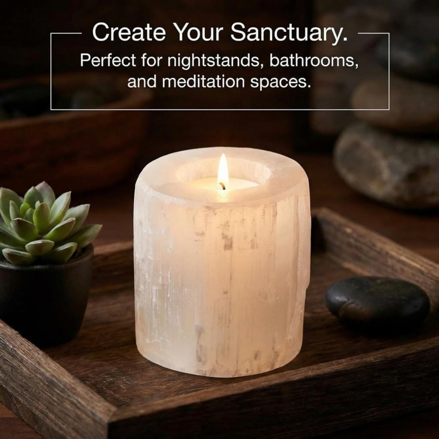 Natural Solid White Selenite Candleholder - Perfect for Meditation and Reflection - 3" Tall (1)