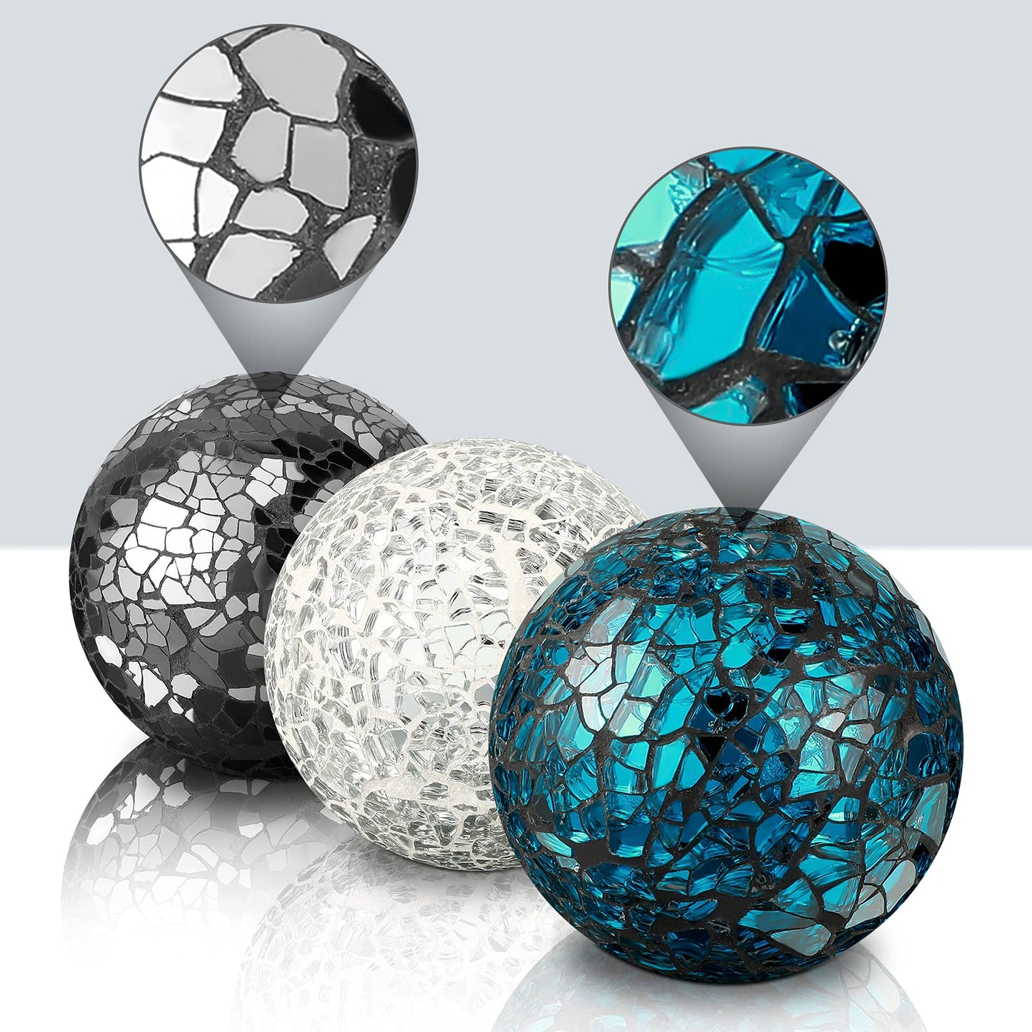 Cunhill 3 Pieces Decorative Glass Balls 3 Inch Mosaic Glass Orbs Sphere Centerpiece Balls Decorative for Bowls Vases Dining Tables Wedding Party (Silver,Turquoise,Black)