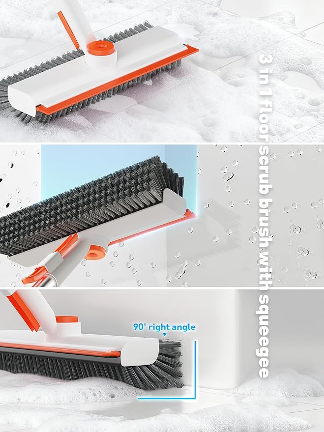 Floor Scrub Brush with Long Handle, 3 in 1 Scrape and Heavy-Duty Stiff Bristle