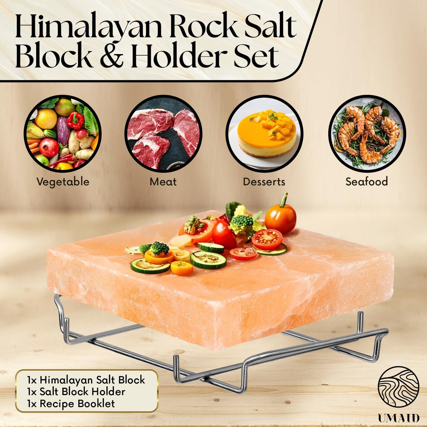UMAID Himalayan Salt Block Cooking Plate 8x8x1.5 – Food Grade Pink Himalayan Salt Stone for Cooking, Salt Block for Grilling, Serving & Food Presentation – Includes Stainless Steel Tray & Recipe Booklet – Unique Gifts for Men & Dad Gifts for Fathers Day