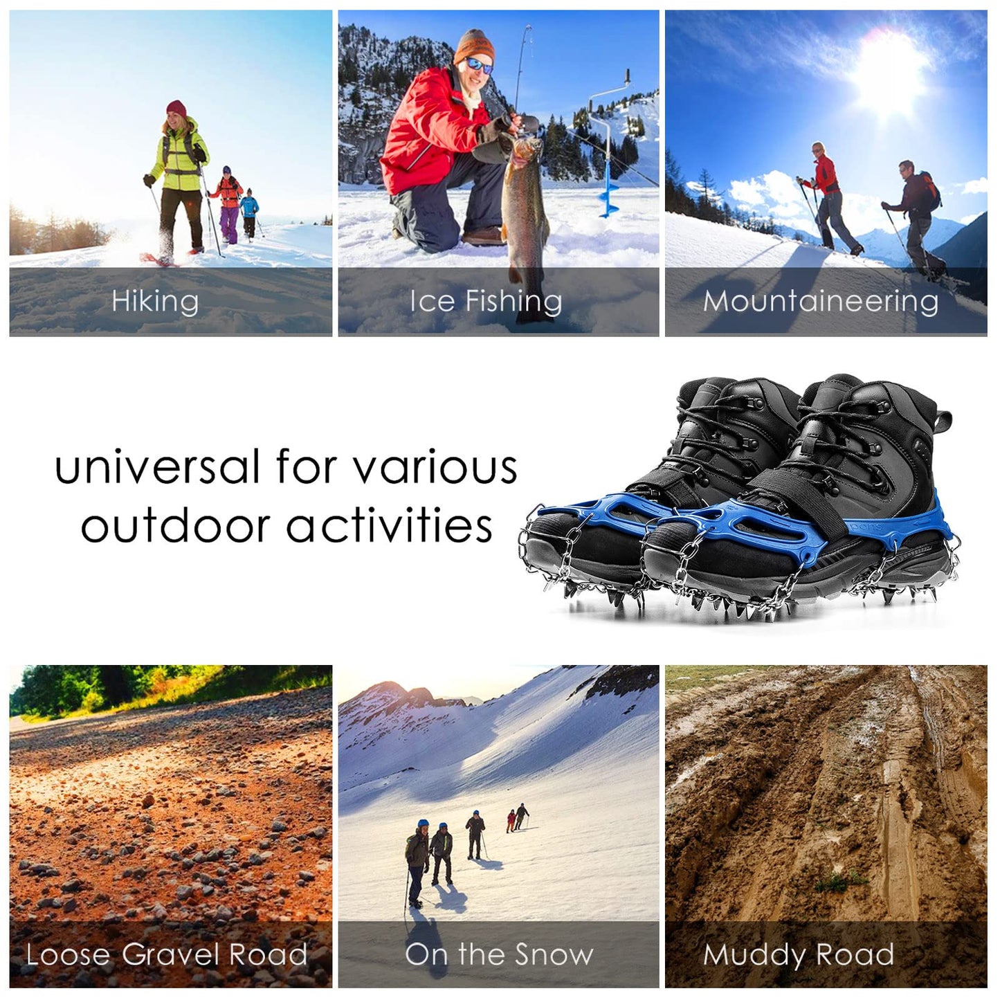 Crampons Ice Cleats Traction Snow Grips for Boots Shoes Women Men Anti Slip 19 Stainless Steel Spikes Safe Protect for Hiking Fishing Walking Climbing Mountaineering
