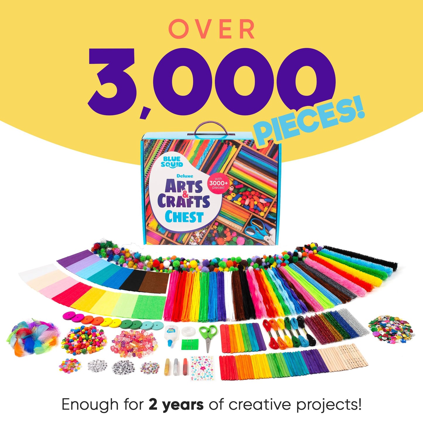 Blue Squid Arts & Crafts Chest - 3000+ pcs Deluxe Craft Kits for Kids Supplies Box, 2 Drawers, 18 Compartments, Sturdy Handle - Art and Crafting Kit Kids Craft Set, School Supply for Ages 4-8, 9-12