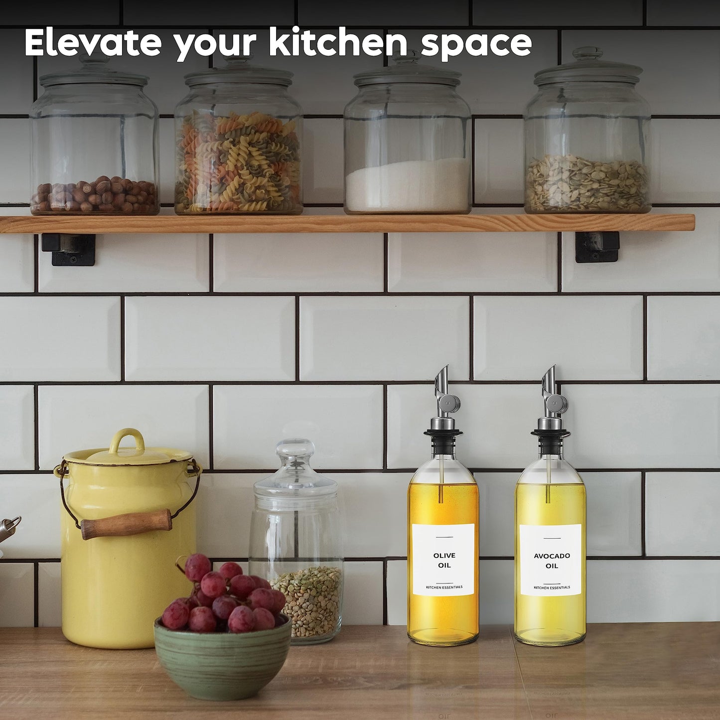 Spaceneat Oil Dispenser for Kitchen - Glass Olive Oil Bottle Set of 2 (16.9oz) with Silver Stainless Steel Weighted Self-Closing Pourer - Cooking Oil Dispenser with 66 Labels, Aligner & Funnel