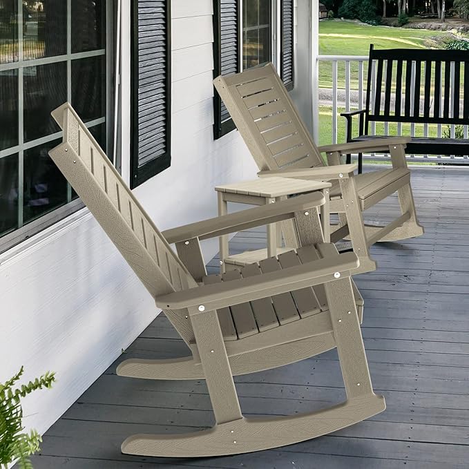 GREENVINES Outdoor Rocking Chairs | Set of 2 | Porch Rocker | HDPE Plastic | Wood Grain | Oversized Rockers | High Back | Big & Tall | Ladder Back | Desert Brown | for Patio Outside