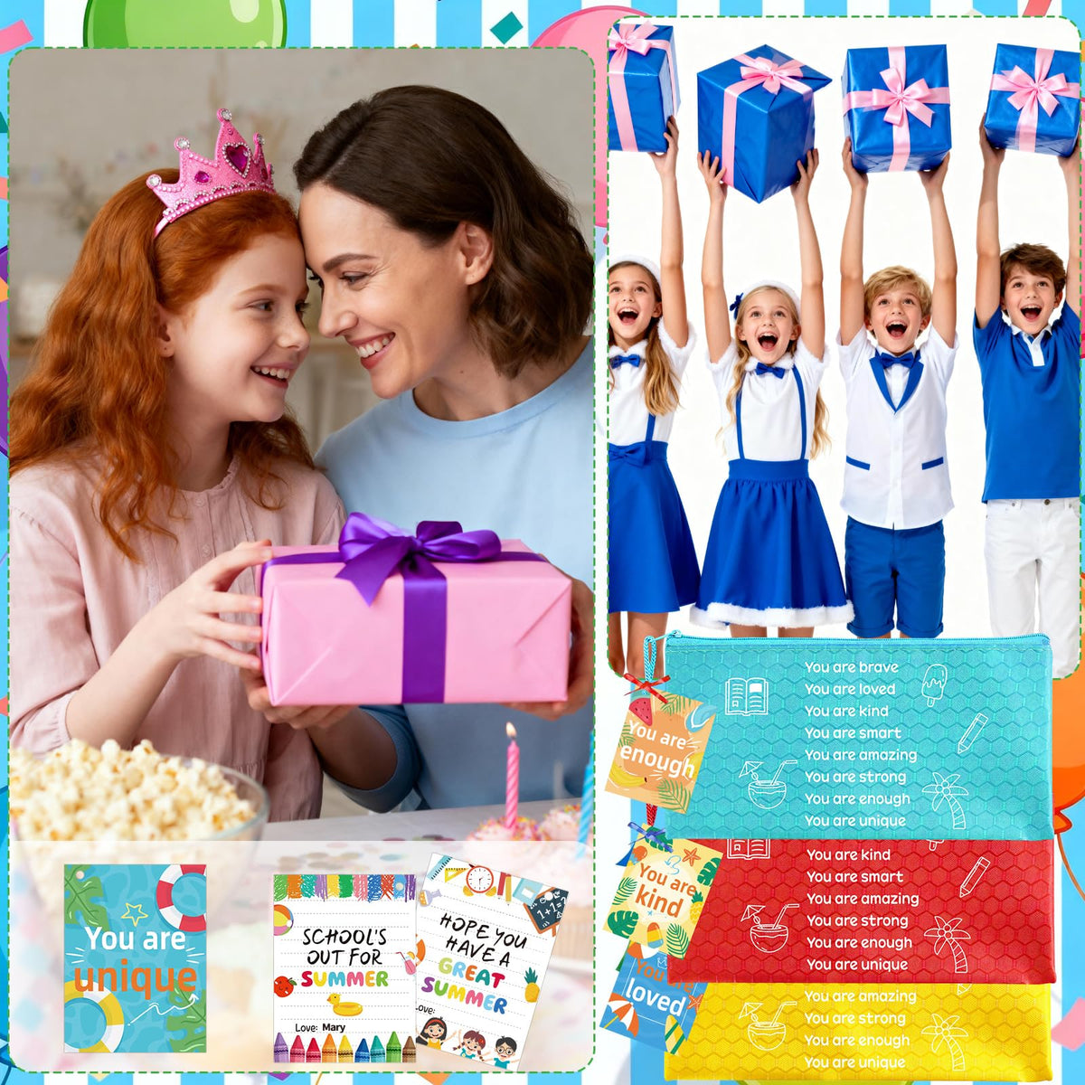 30 Sets 62Pcs End of Year Student Gifts from Teacher, Inspirational Rainbow Pencil Pouches Bulk, Summer Greeting Cards with Ribbons, Perfect for Classroom Rewards, Graduation and Summer Party Gifts