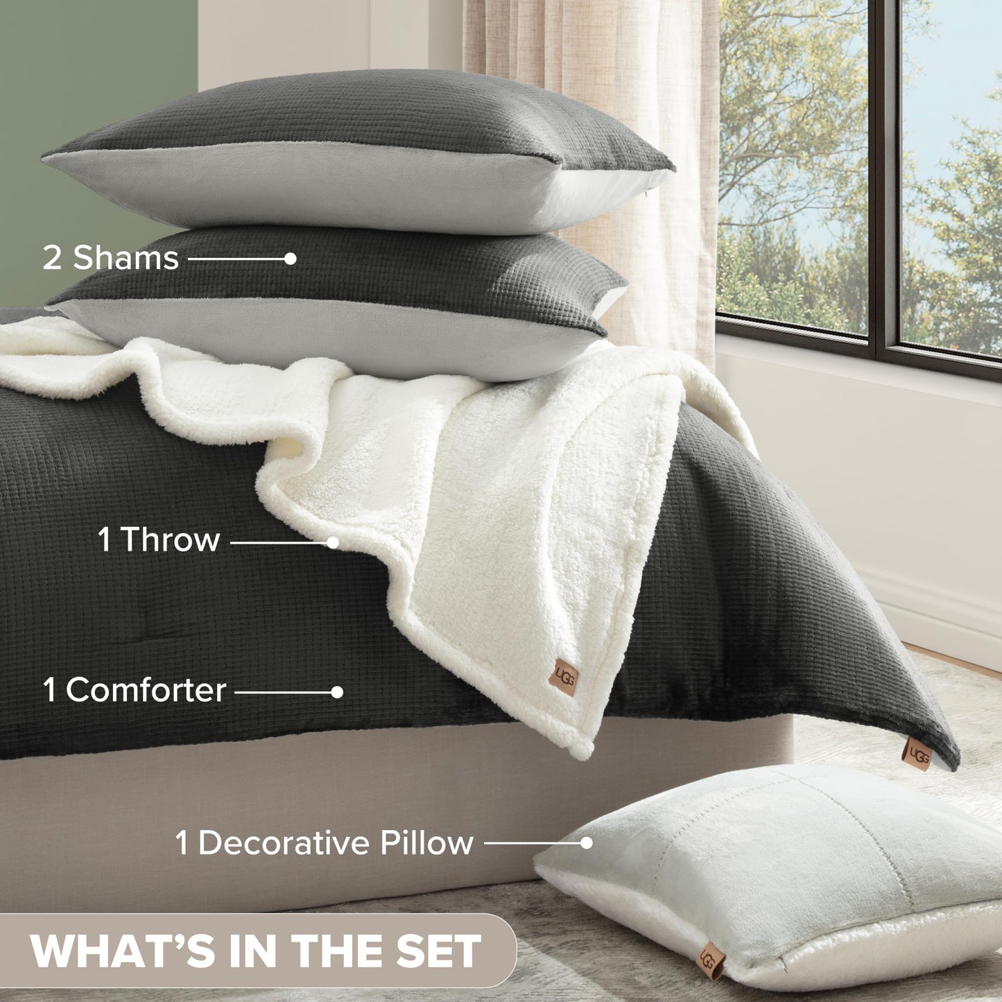 UGG Remina Comforter Set 5 Piece Bed in a Bag with Throw Blanket, Decorative Pillow, Shams, and Reversible Comforter Hypoallergenic Washable Luxury Warm Fluffy Bedding Set, Full/Queen, Charcoal Grey
