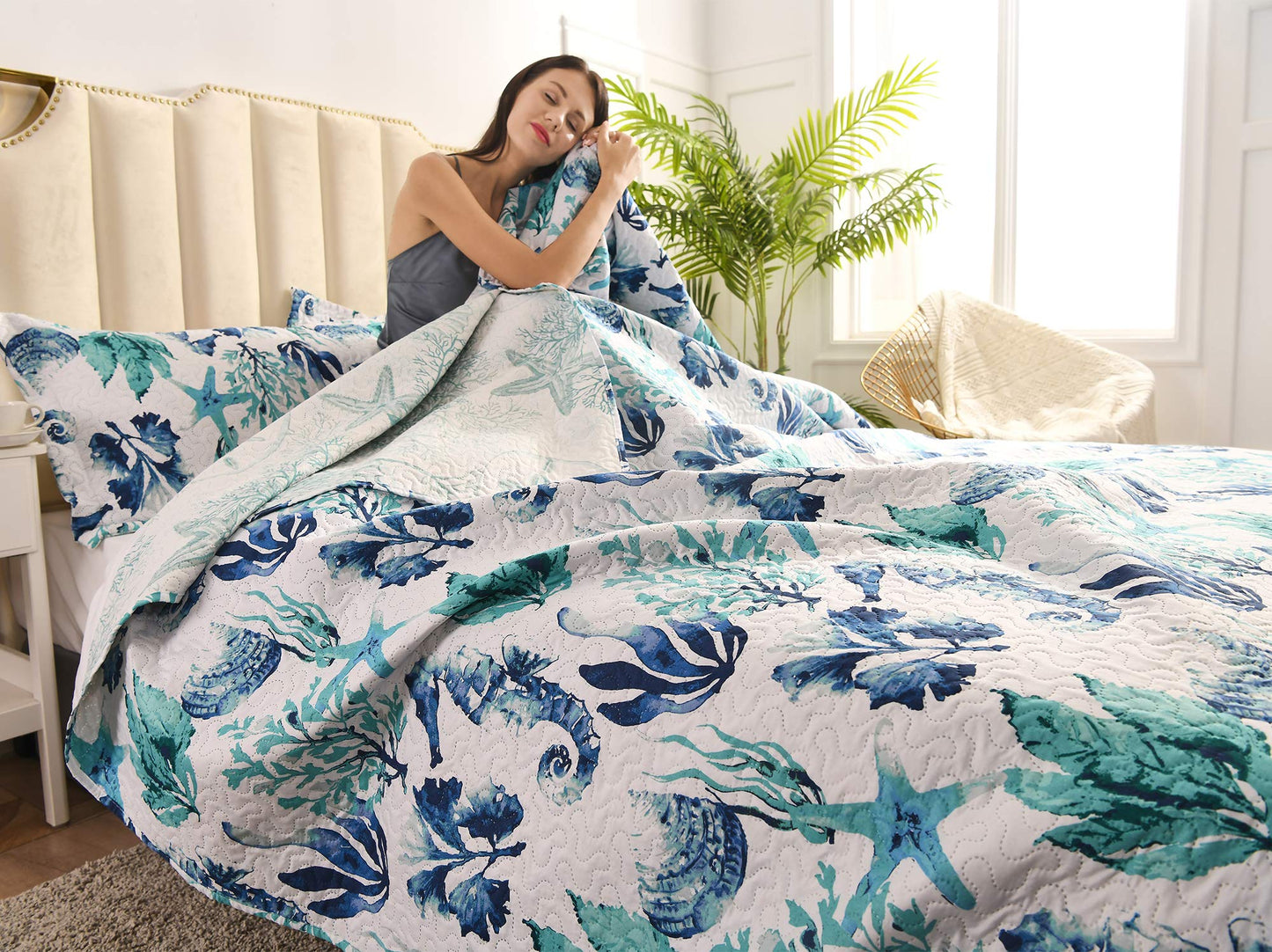 Bedspread Set King Size Quilts Beach Bedding Coastal Ocean Reversible Quilts Summer Bedspread Coverlet Soft Lightweitht Quilt Bedding Tropical Bed Set Home Collection Quilt with Shams Aqua