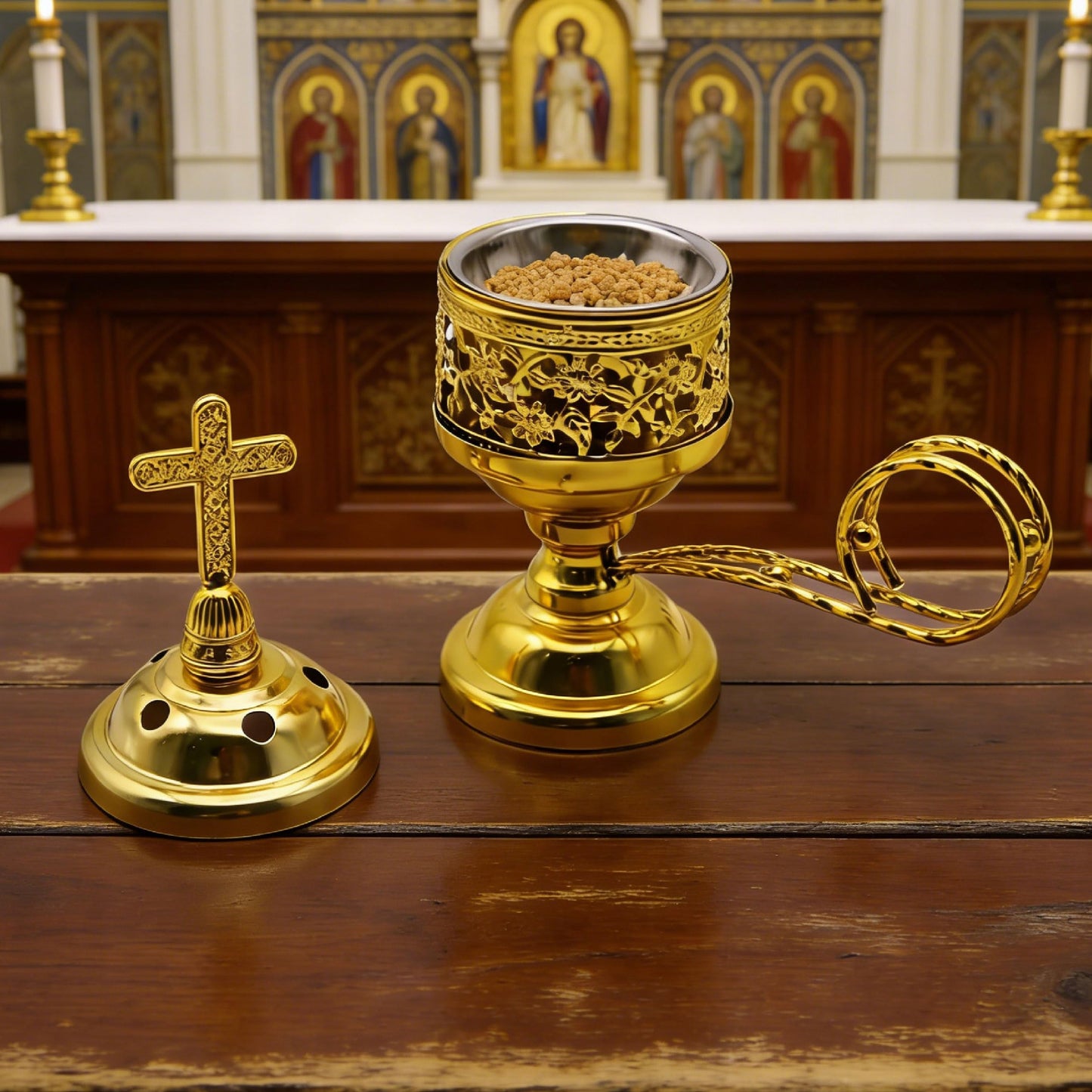 JREEPEE Solid Brass Color Incense Burner with Cross Lid - 6 Inch Charcoal Censer for Catholic Church, Home Altar - Thurible for Frankincense, Resin, Bakhoor