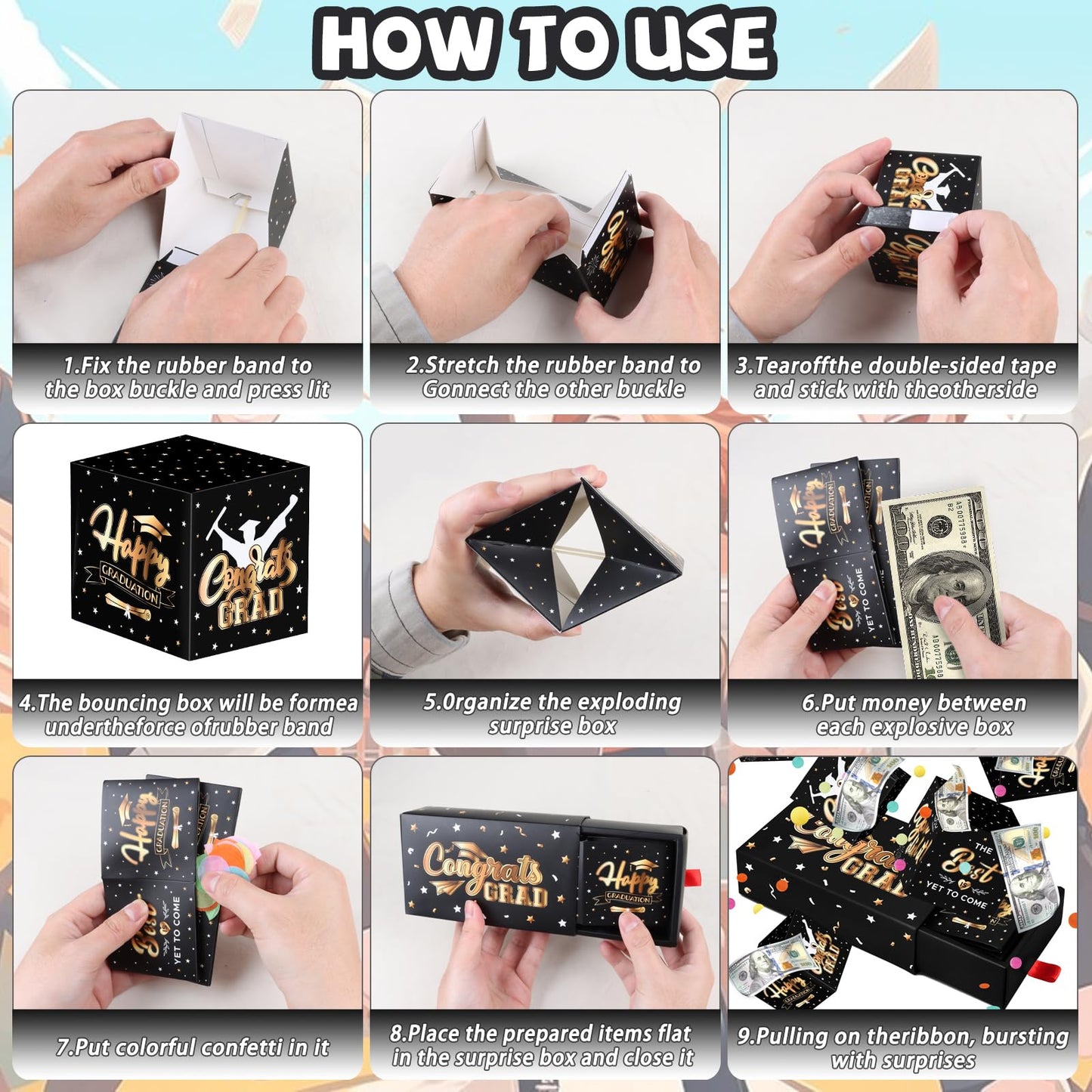 WenmthG 2026 Graduation Surprise Gift Box Explosion for Money - 10 Pcs Grad Pop Out Folding Bounce Money Gift Box with Confetti - Cash Gift Idea for Grad - Graduation Money Bank Party Supply (Black Gold)