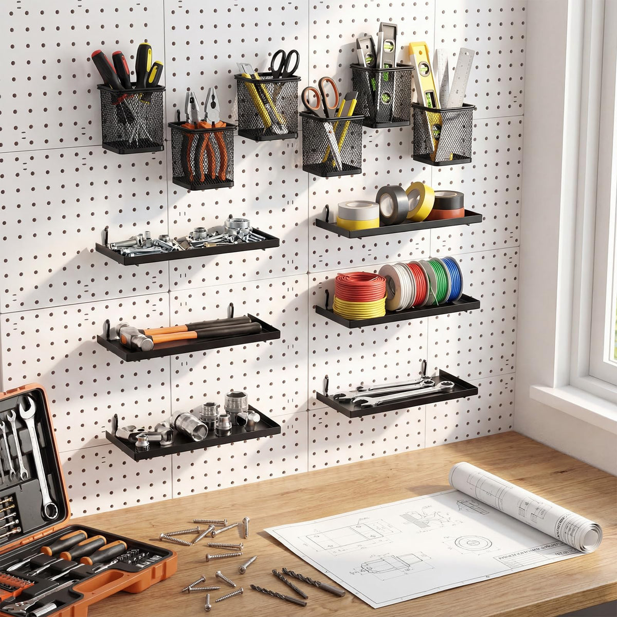 Tosstuki 12 Pack Pegboard Organizer Accessories - 6 Pegboard Pencil Cups Holder Peg Board - 6 Shelves Metal Shelf Brackets - Tools Storage Arrange System Kit for Office Garage Room