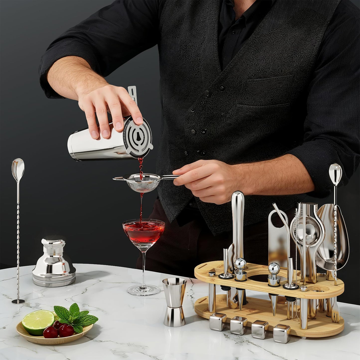 EffiQ-Rate Cocktail Shaker Set, 25-Piece Stainless Steel Bartender Kit with Wood Organizer Stand & Cocktail Recipes, Professional Bar Mixology Tools with All Essential Accessories for Drink Mixing