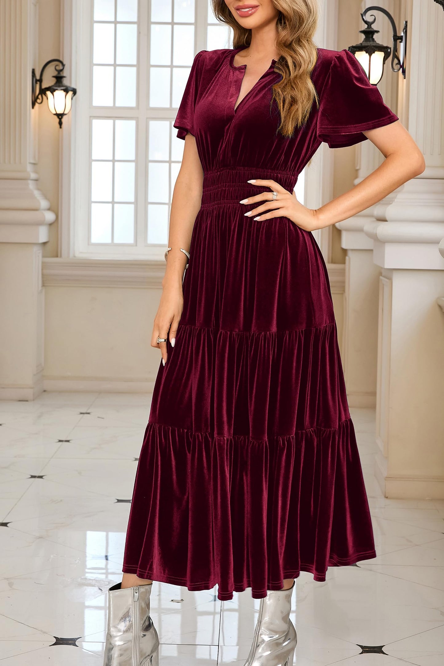 R.Vivimos Women's Fall Winter Vintage Velvet Dress Short Sleeve V Neck Elastic Waist Tiered Ruffle A-Line Flowy Elegant Maxi Dress (Large, WineRed)