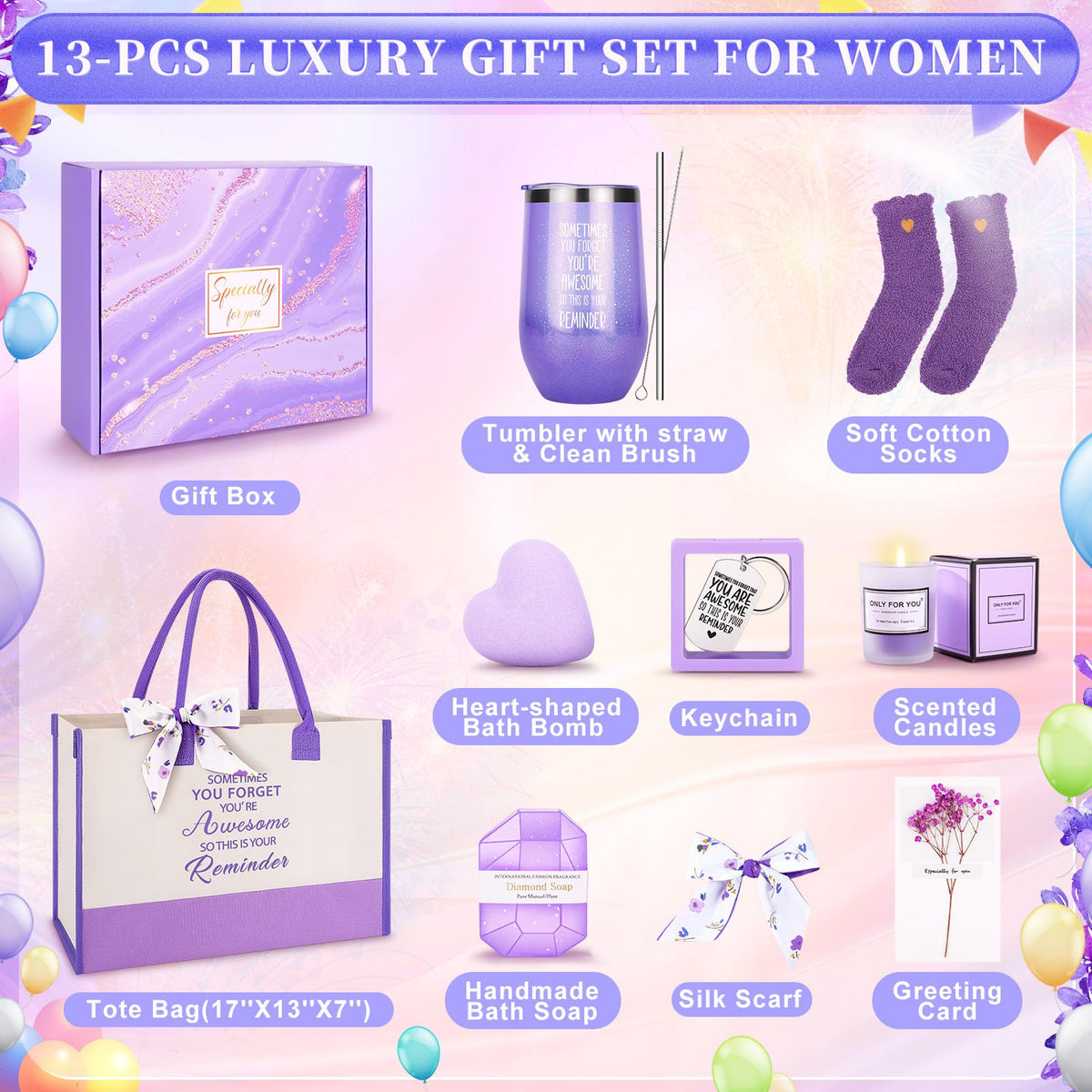 13PCS Birthday Gifts for Women,Mom, Wife, Girlfriend, Sister, Her- Self Care Package Get Well Soon Gifts Basket for Women Purple Birthday Gifts Mothers Day Baskets for Mom