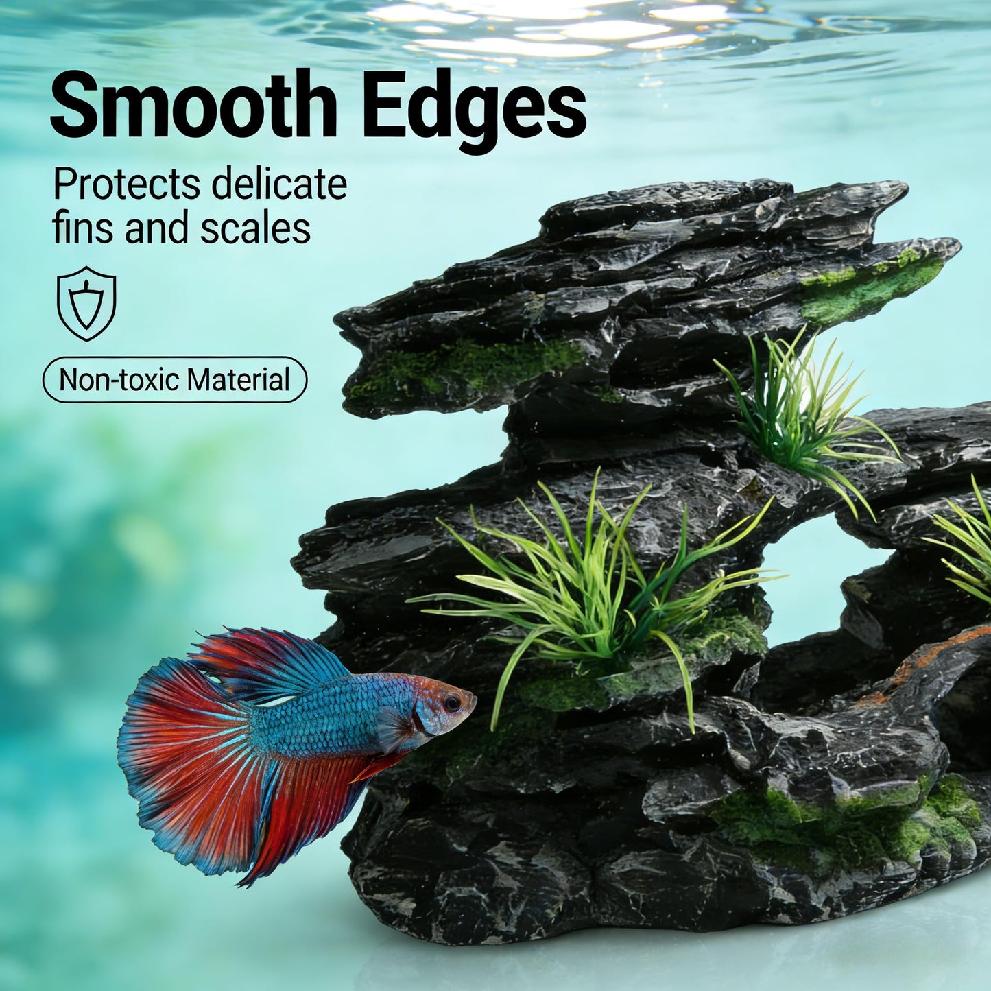 Voralis Fish Tank Mountain View Stone Ornament, Large - Sized Premium Aquarium Decor, Made of Safe Resin, Ideal Multi - Functional Spot for Betta, Snails, Turtles to Rest, Play and Basking