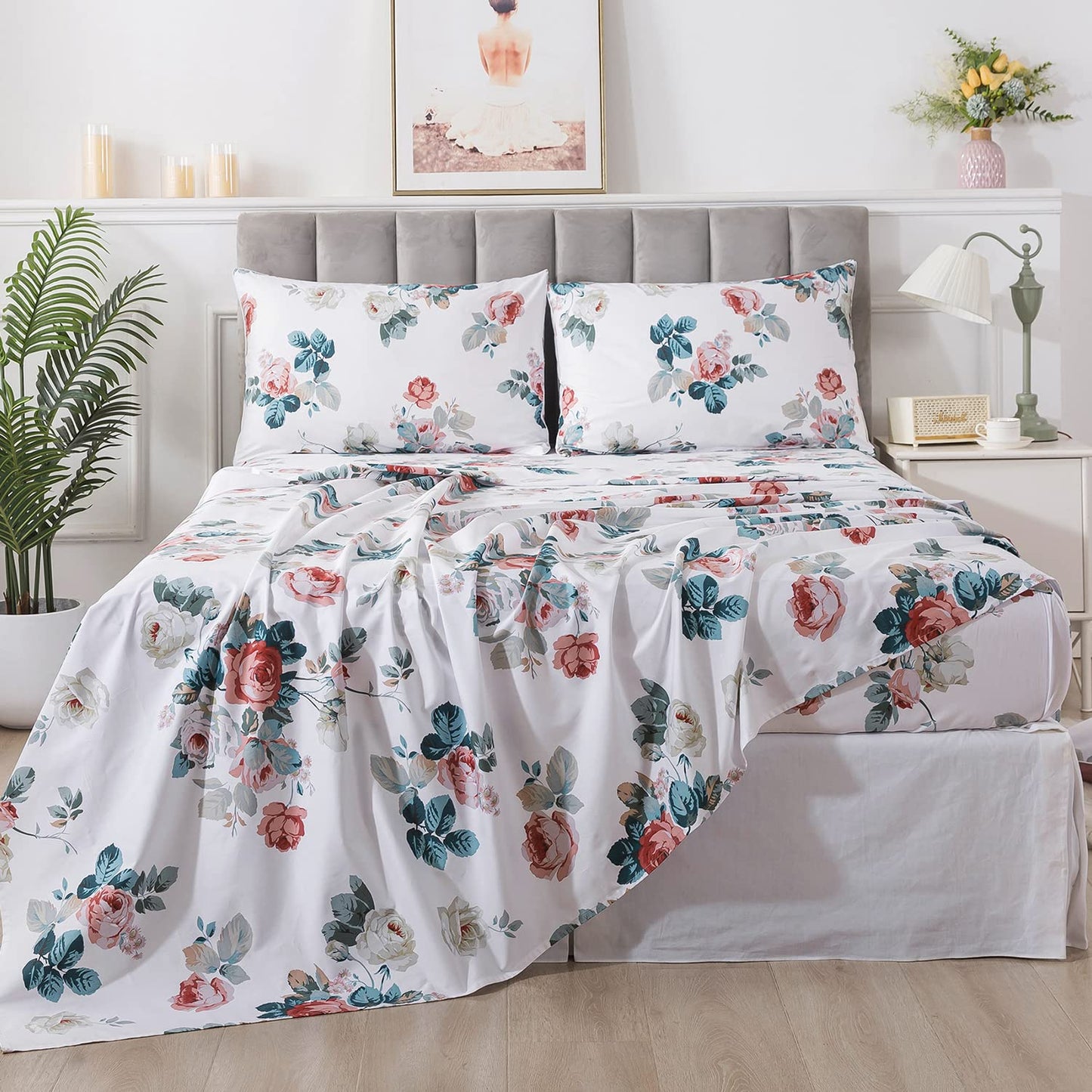 FADFAY Floral Cotton Sheets Queen 100% Cotton Flower Bed Sheets Pink White Dark Blue Leaf Print Shabby Vintage Sheet Set Chic Farmhouse Bedding Soft Crisp Breathable Deep Pocket Fitted Sheet 4Pcs
