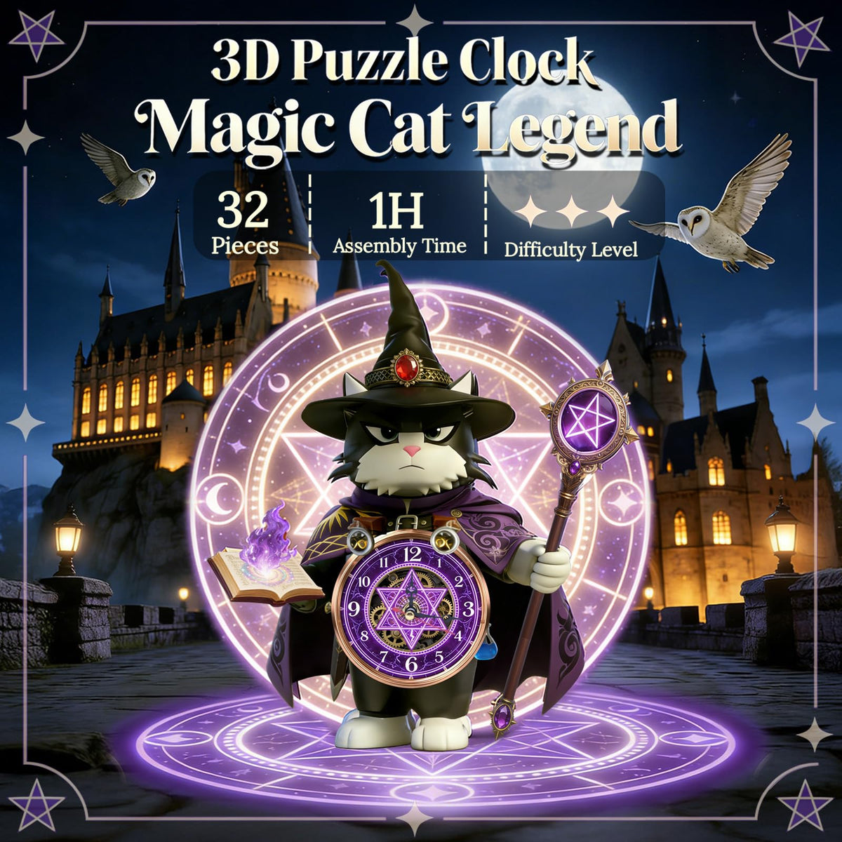 3D Wooden Puzzle Clock for Adults and Kids,Magic Cat Legend Wizard Cat 3D Stackable Design, 3D Puzzles for Adults Kids Room Home Decor, Unique Gift for DIY Enthusiasts & Fantasy Lovers