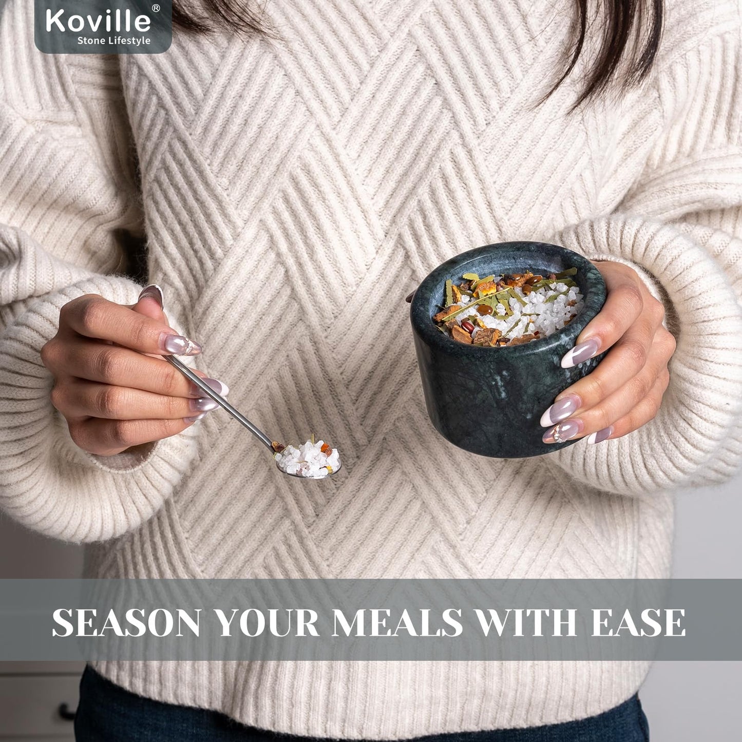 Koville Indian Green Marble Salt Cellar with Lid 3.5", Stone Pepper Container & Spice Jars for Kitchen, Marble Salt and Pepper Holder, Stone Storage Box for Kitchen Counter, Spice Jar