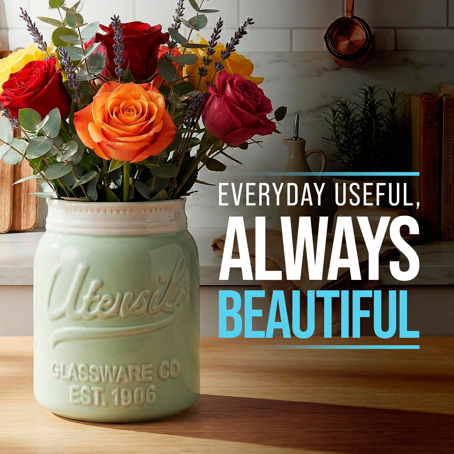 Comfify Green Mason Jar Utensil Holder – Wide Mouth Ceramic – Farmhouse