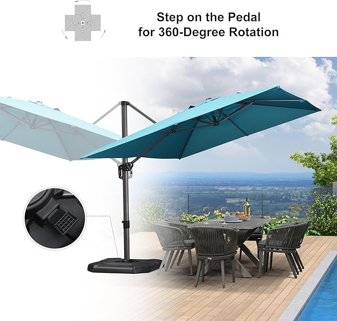 PURPLE LEAF 9'×11.5' Cantilever Patio Umbrella with Base Rectangle Offset Outdoor Umbrella Cover with Zipper for Garden Deck Pool Turquoise Blue