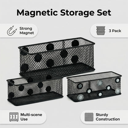 Neudeco Magnetic Locker Organizer and Accessories, Wire Mesh Magnetic Storage Basket, Magnetic Holder for Dry Erase Markers, Strong Magnet Pen Holder for Fridge School, Pack of 3, Black