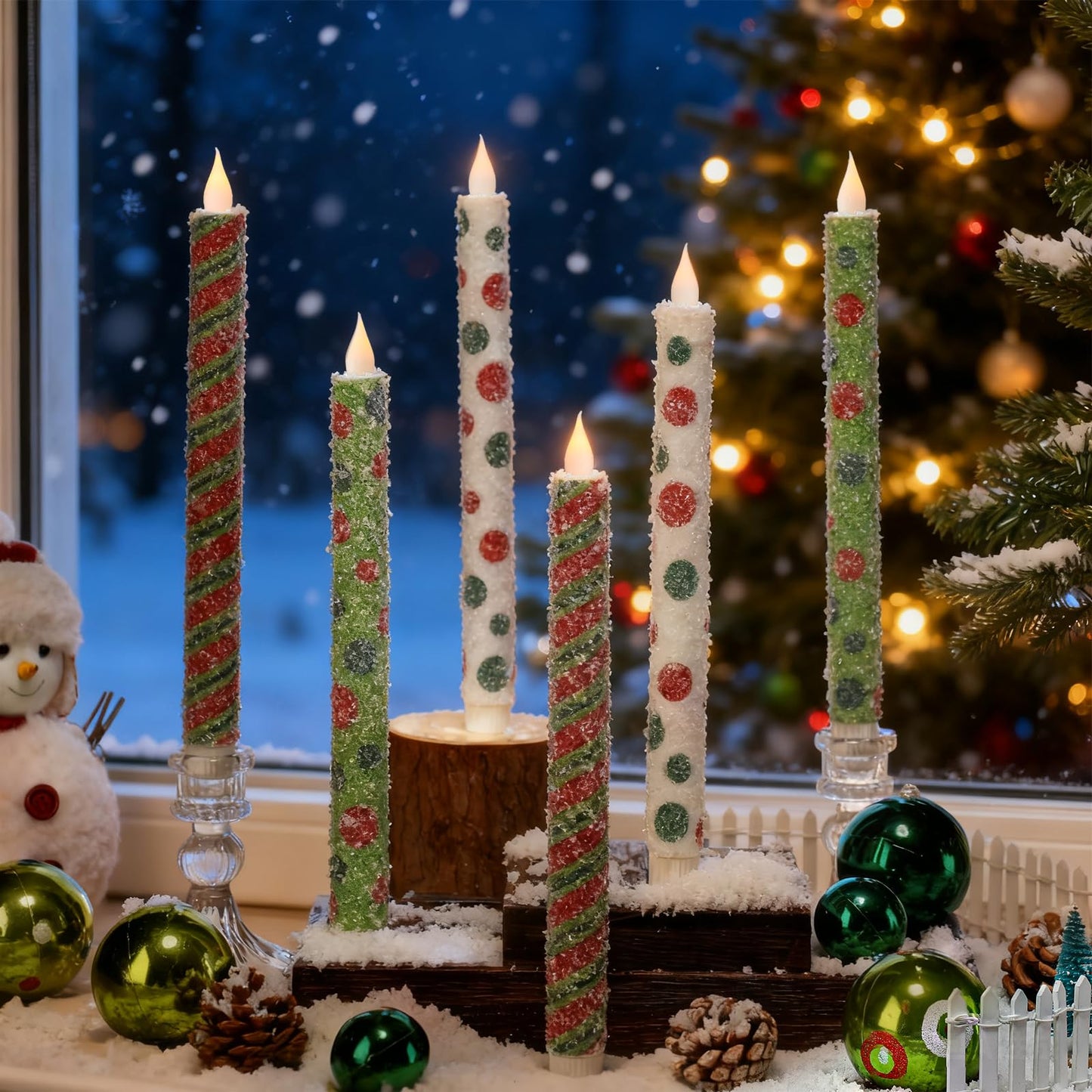Christmas Elf Flameless Taper Candles - 6PCS Glitter Christmas Green Elf Theme Flickering LED Battery Operated Sea Salt Candles with Remote, Real Wax Party Decoration Candlesticks, Xmas Table Decor