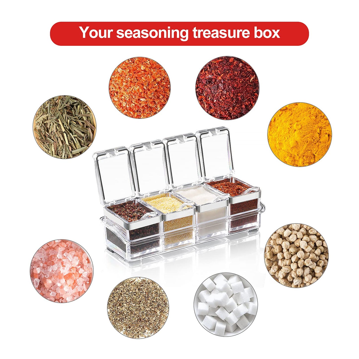 Acrylic Seasoning Box Set, 4 Piece Clear Premium Quality Storage Rack Spice Pots Condiment Jars for Salt Sugar Cruet Kitchen Organization Containers with Cover and Spoon