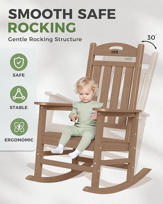 Oversized Outdoor Rocking Chairs Set of 4, High Back Porch Rocker Chair, HDPE All Weather Resistant Rocking Chairs for Patio,380lbs Weight Capacity, Teak
