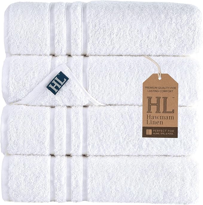 Hawmam Linen White Bath Towels 4 Pack 27 x 54 Inches 100% Turkish Cotton Soft