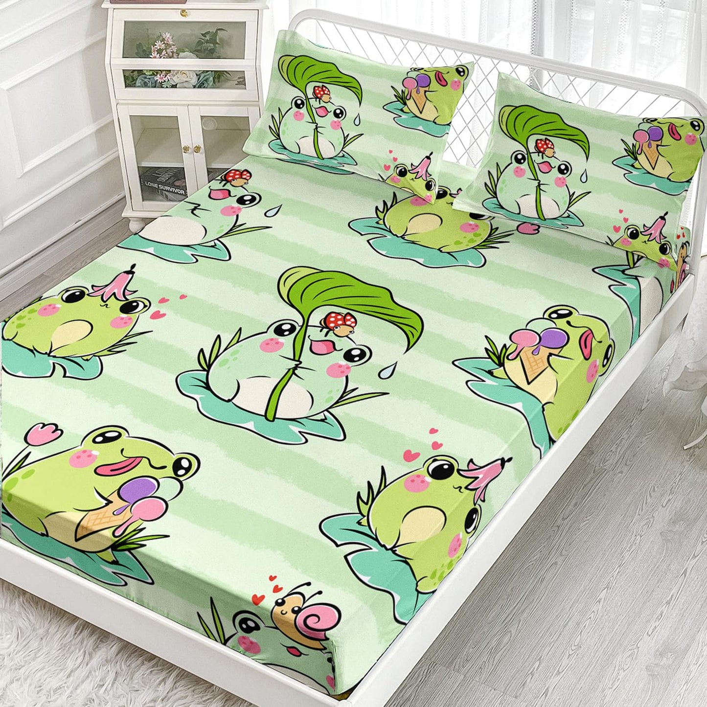 AILONEN Cartoon Frog Fitted Sheet Set - Twin Size, Animal Frog Bed Sheet Set, Boys Girls Sheet Set, Green Stripe Sheet Set - 1 Fitted Sheet and 2 Pillowcases