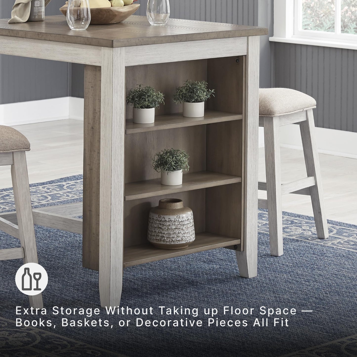 Signature Design by Ashley Skempton 3 Piece Counter Height Dining Table and Bar Stools Set, Built-in Storage, Wood, Acacia Veneer and Engineered Wood, Small Kitchen Table, White/Light Brown