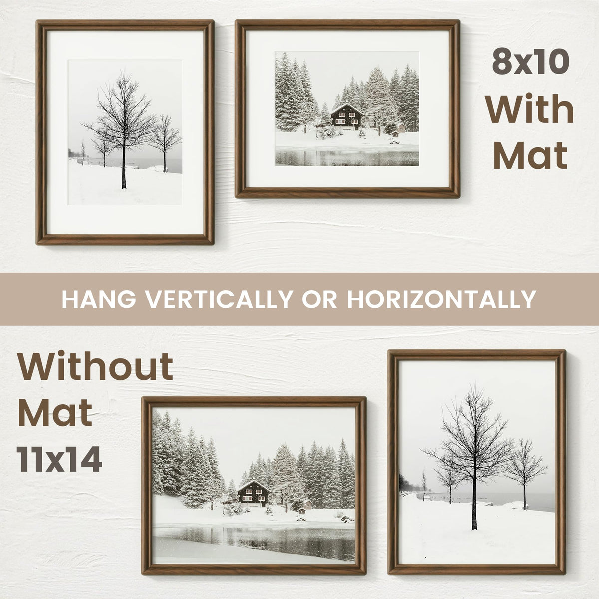 11x14 Picture Frame, USA-Sourced Natural Solid Walnut Wood Photo Collage Frame with HD Tempered Glass, Rounded Corner 11 x 14 Wooden Frame Matted to 8x10, Vertical & Horizontal Wall Hanging Display