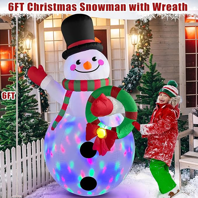 Danxilu 6 FT Christmas Inflatable Snowman with Colorful Rotating Led Lights Outdoor Yard Decorations, Blow up Snowman with Wreath and Cheerful Waving Xmas Decor for Garden Lawn Porch Holiday Party
