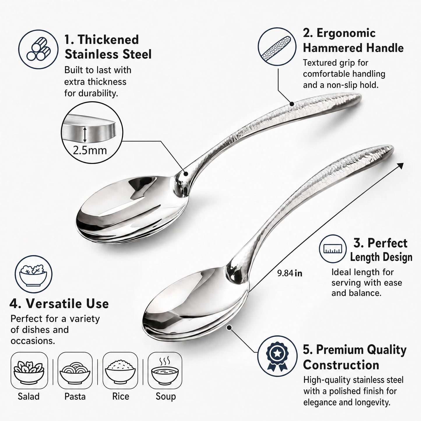 Stainless Steel Serving Spoon Set of 2, Solid Spoon & Slotted Spoon with Thick Non-Slip Ergonomic Handle, Heavy Duty Serving Utensils for Buffet, Party, Kitchen, 9.84 Inch
