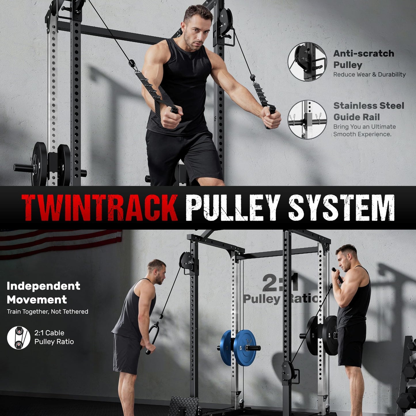 GOIMU DP01 Power Cage, 2000LBS Squat Rack with Cable Crossover and Dual Independent Pulley System, Full Cage for Full Body Training, Power Rack with More Training Attachments for Home Gym (Bk-Pro)