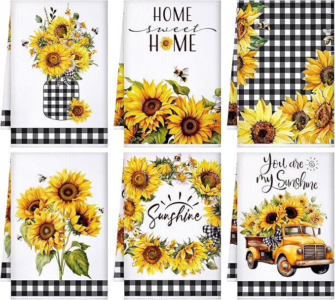 Geyoga 6 Pcs Spring Floral Kitchen Towels Flamingo Dish Hand Towels Sunflower