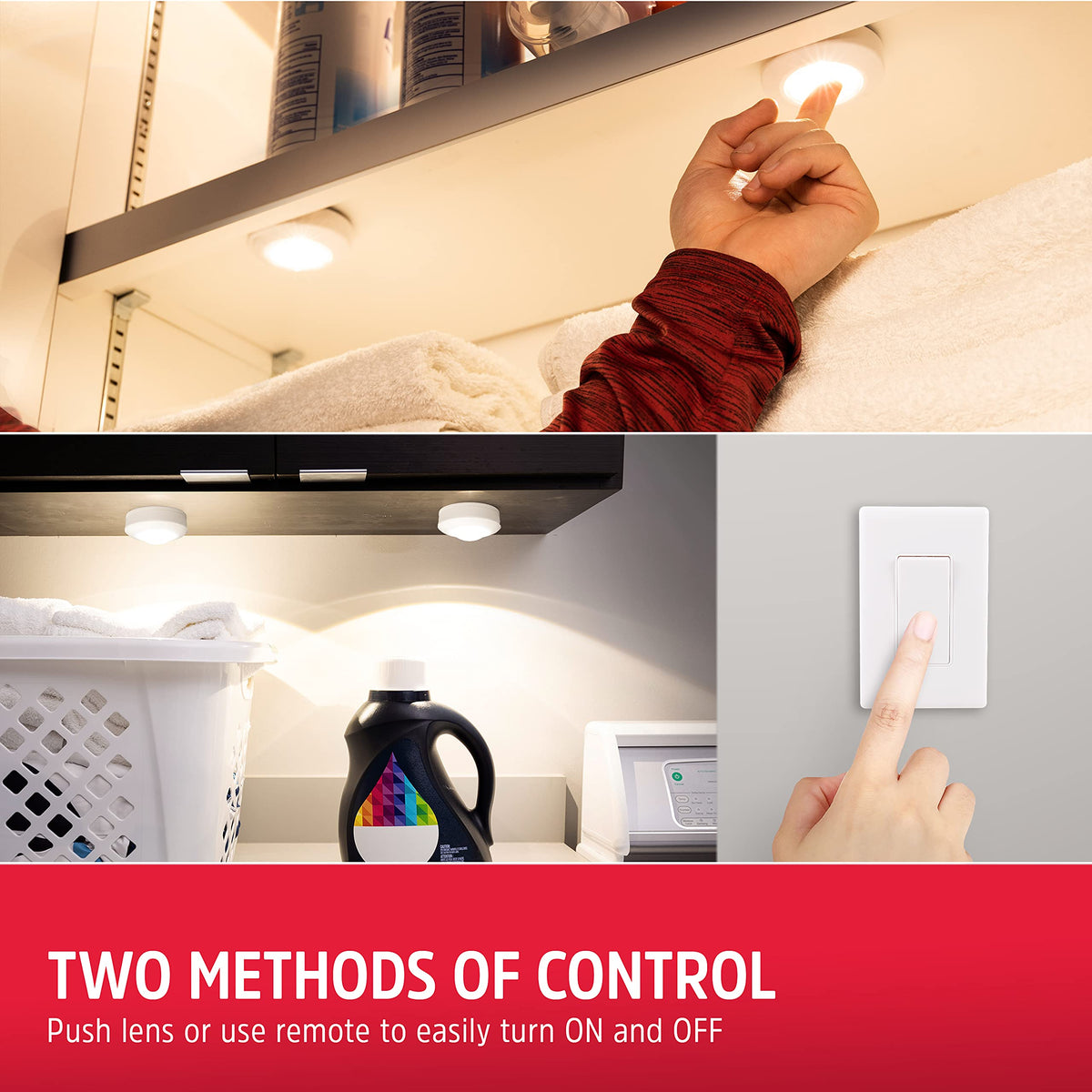 Energizer LED Puck Lights, Wall Switch Remote, 2 Pack, Battery Operated, Under Cabinet Lighting, Wireless Lights, 50 ft Range, Perfect for Kitchen Under Cabinet, Laundry Room, and More, 58822-T1