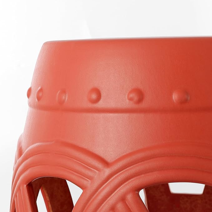 JONATHAN Y TBL1022G Lucky Coins 16" Chinese Ceramic Drum Indoor/Outdoor Garden Stool Bohemian, Coastal, Cottage, French Country, Traditional, for Living Room, Garden Room, Patio, Matte Coral