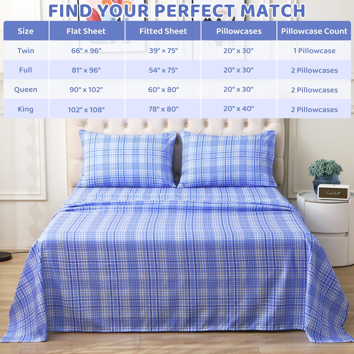 Mooreeke Cozy Plaid Microfiber Printed Queen Sheet Set - Soft & Breathable Purple Yellow Plaid Bed Sheets with Extra Deep Pocket - Non-Slip Fitted Design - Purple Yellow Square Plaid Pattern - Queen