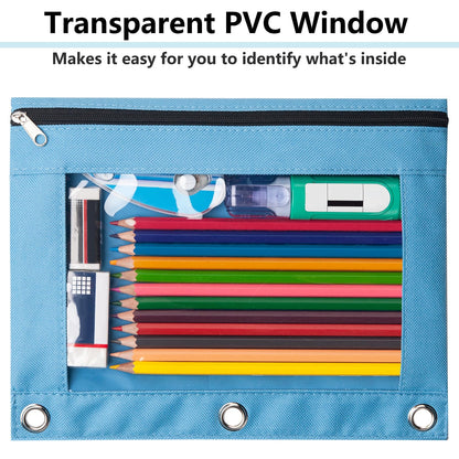 Forvencer Pencil Pouch for 3 Ring Binder, Binder Pencil Case with Smooth Zipper, Clear Window Pencil Case for Binder, Big Capacity 3 Ring Binder Pencil Bag with 3 Reinforced Grommets, Pink